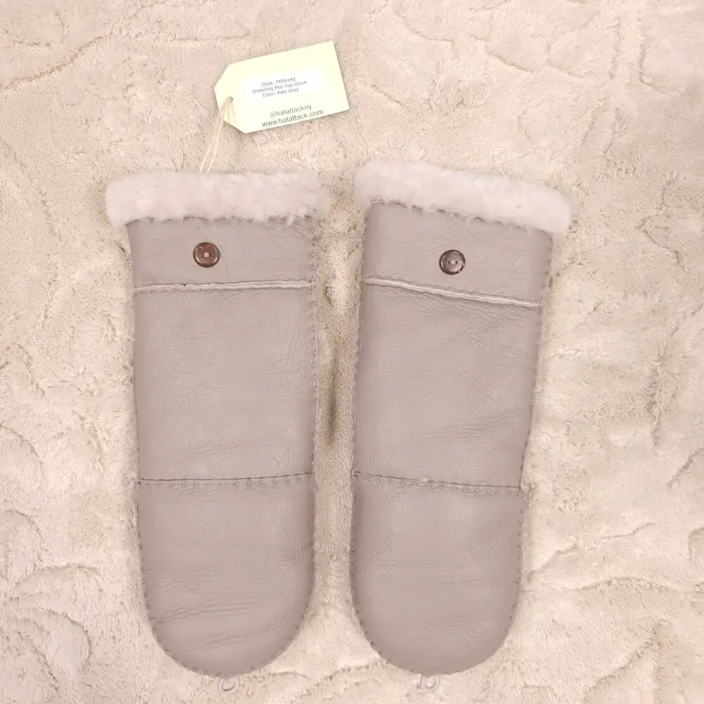 NWT Hat Attack 100% Leather Shearling Pop Top Mitten Gray